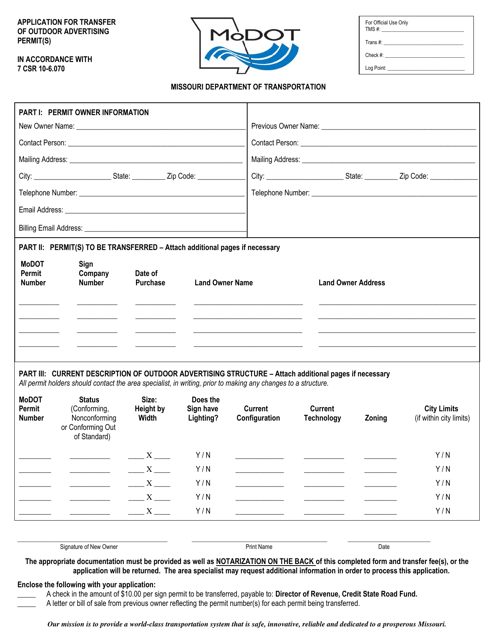 Application for Transfer of Outdoor Advertising Permit(S) - Missouri Download Pdf