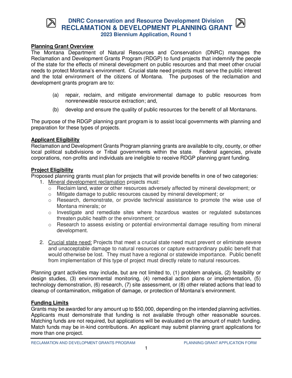 Reclamation and Development Planning Grant Application Form - Montana, Page 1