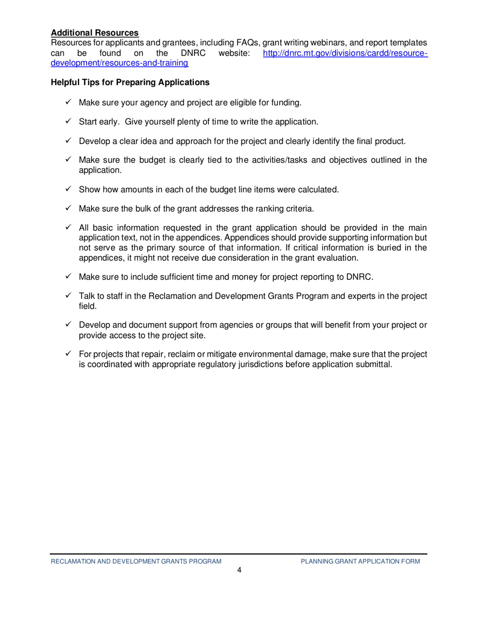 Reclamation and Development Planning Grant Application Form - Montana, Page 4