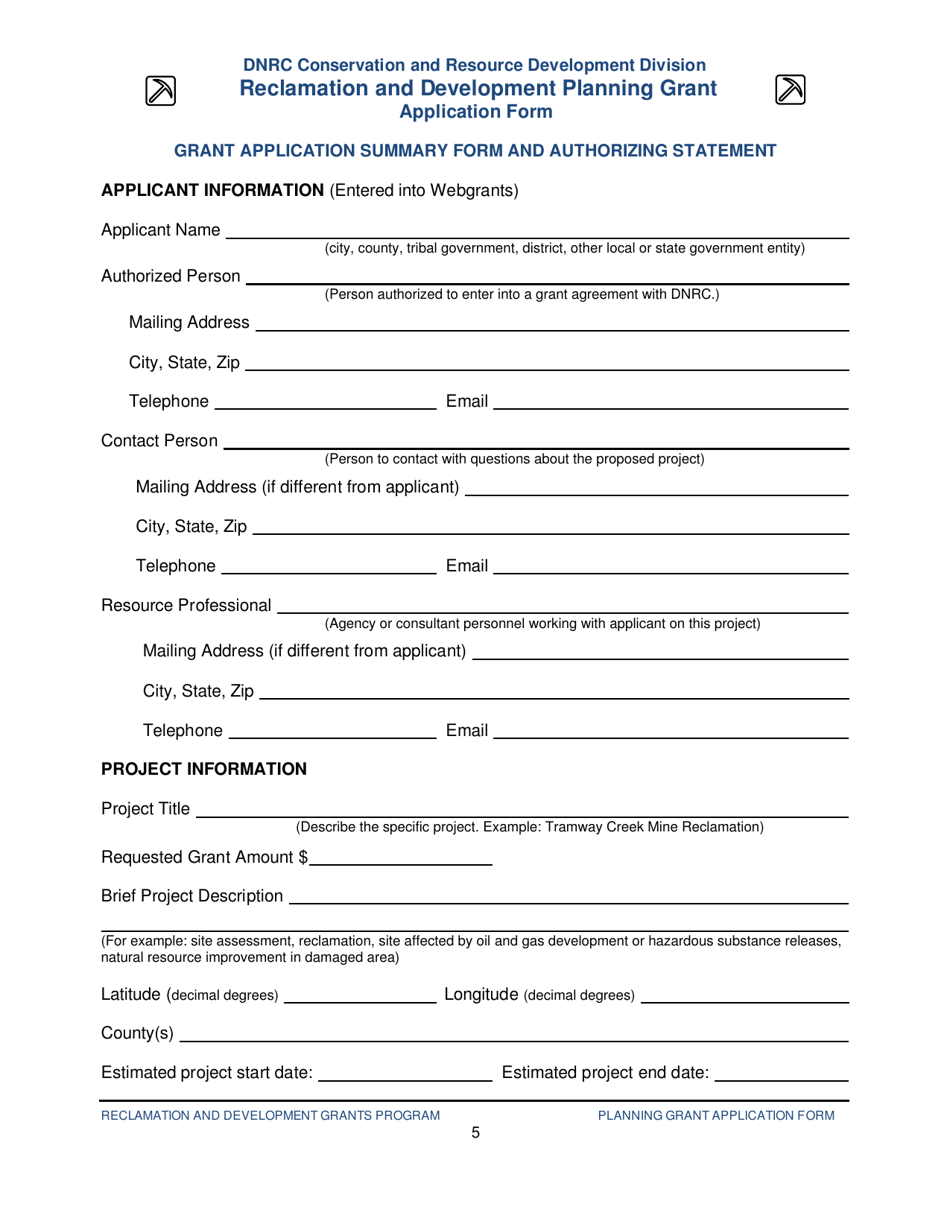 Reclamation and Development Planning Grant Application Form - Montana, Page 5