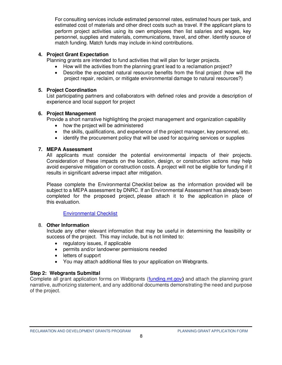 Reclamation and Development Planning Grant Application Form - Montana, Page 8
