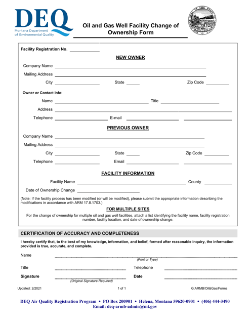 Oil and Gas Well Facility Change of Ownership Form - Montana Download Pdf