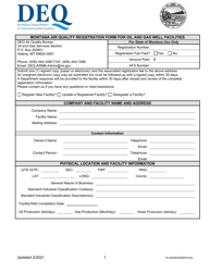 Montana Air Quality Registration Form for Oil and Gas Well Facilities - Montana