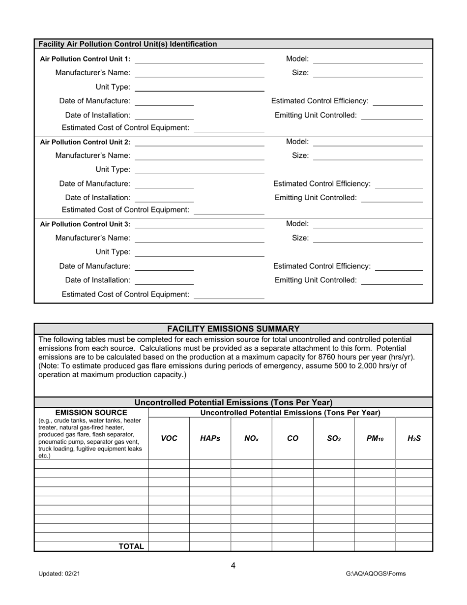 Montana Air Quality Registration Form for Oil and Gas Well Facilities - Montana, Page 4