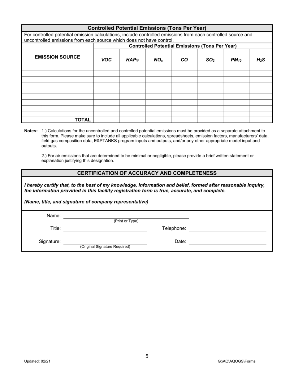 Montana Air Quality Registration Form for Oil and Gas Well Facilities - Montana, Page 5