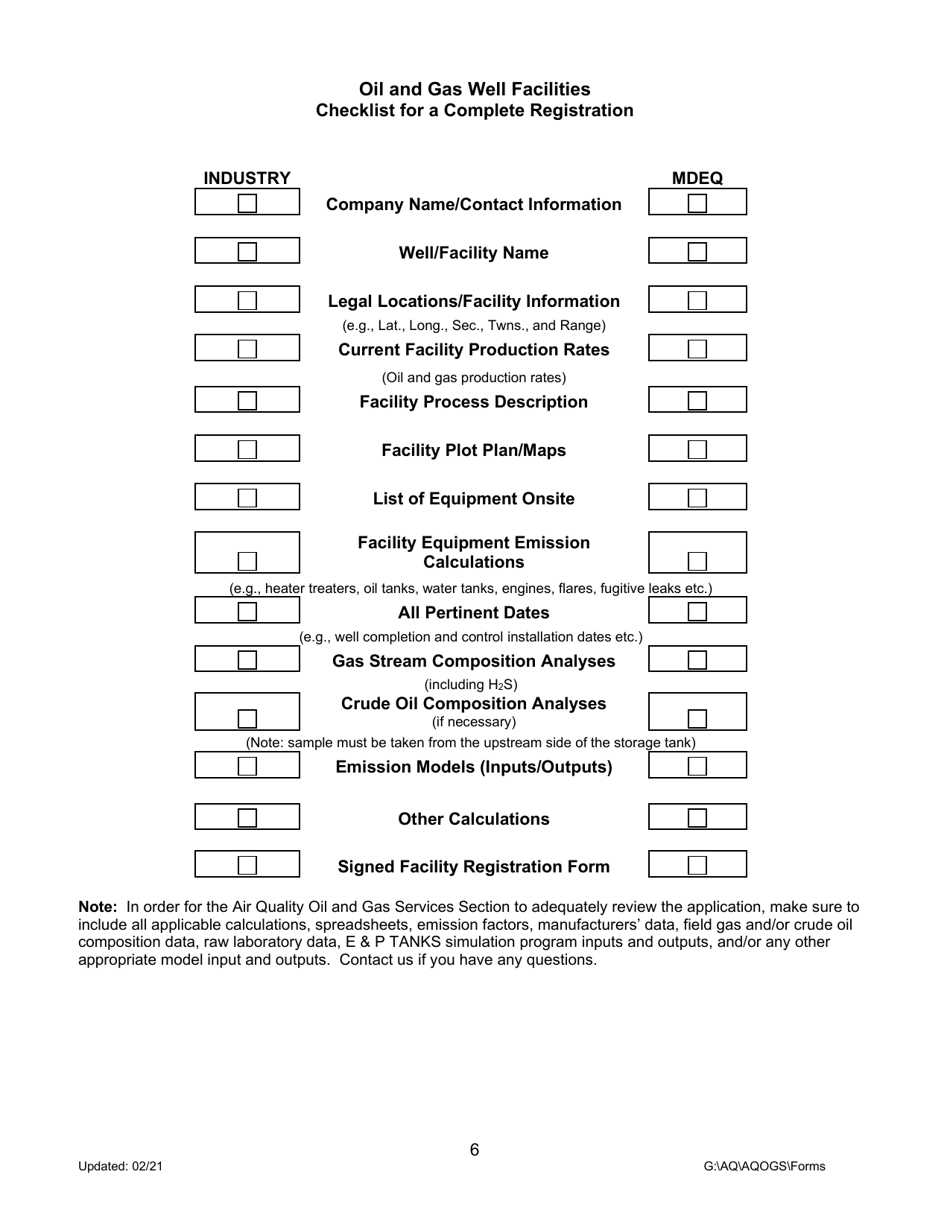 Montana Air Quality Registration Form for Oil and Gas Well Facilities - Montana, Page 6