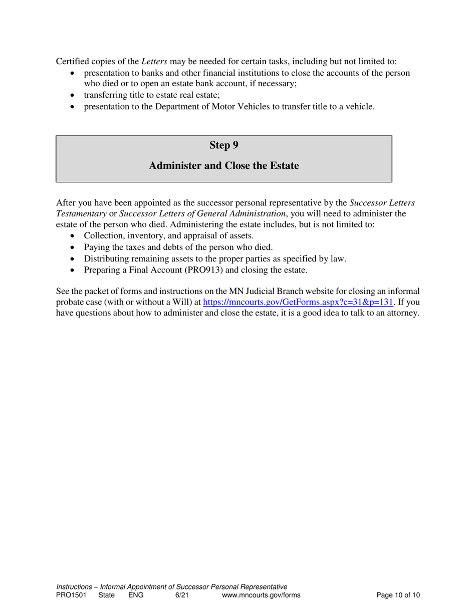 Form PRO1501 Instructions - Informal Appointment of Successor Personal Representative - Minnesota, Page 10