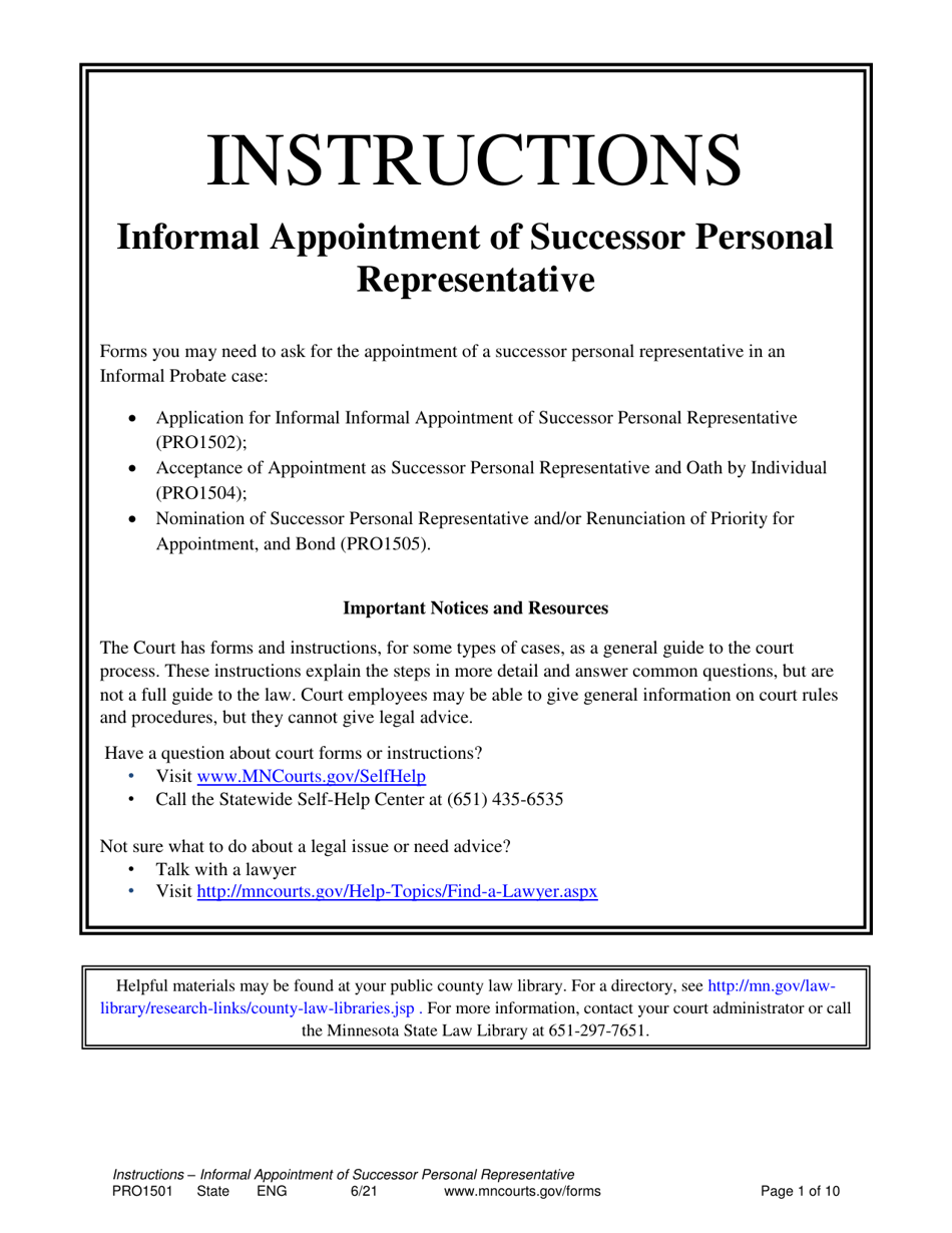 Form PRO1501 Instructions - Informal Appointment of Successor Personal Representative - Minnesota, Page 1