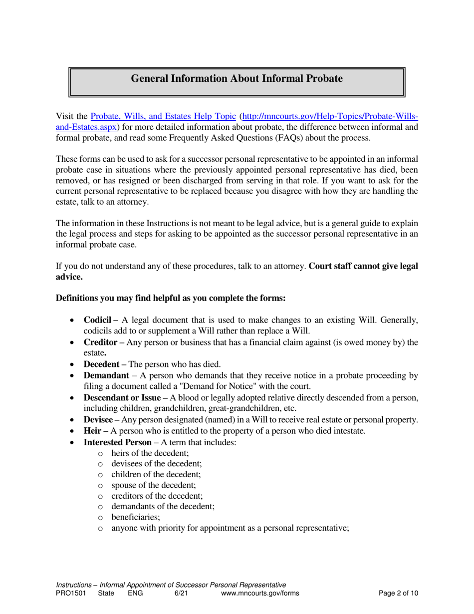 Form PRO1501 Instructions - Informal Appointment of Successor Personal Representative - Minnesota, Page 2
