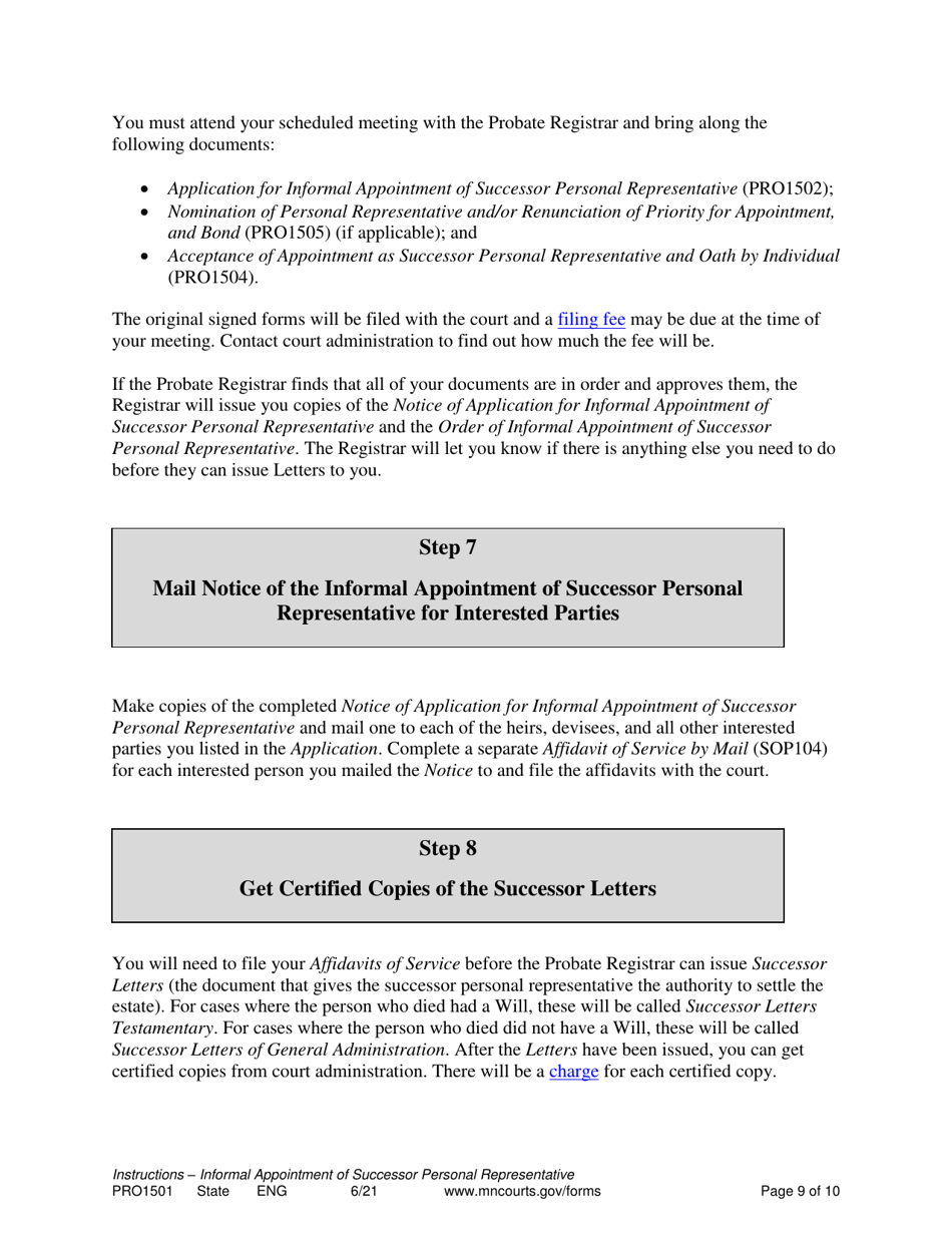 Form PRO1501 Instructions - Informal Appointment of Successor Personal Representative - Minnesota, Page 9