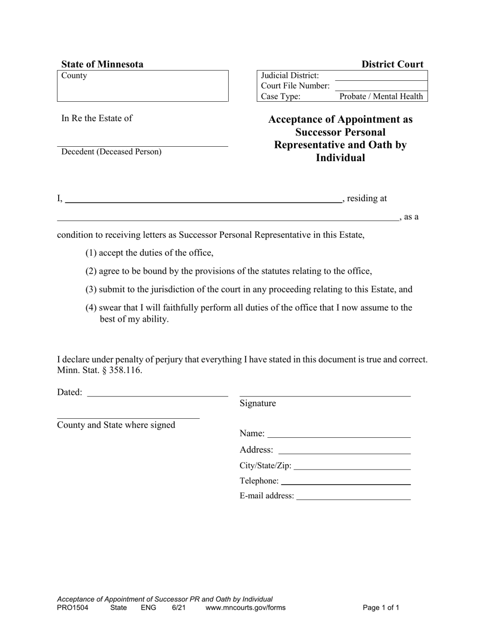 Form PRO1504 Acceptance of Appointment as Successor Personal Representative and Oath by Individual - Minnesota, Page 1