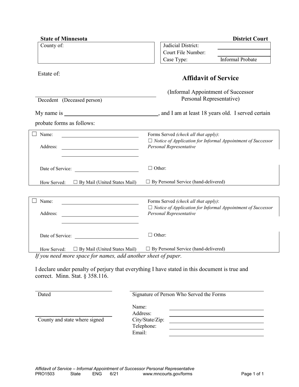 Form PRO1503 Affidavit of Service (Informal Appointment of Successor Personal Representative) - Minnesota, Page 1