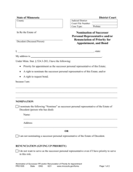 Document preview: Form PRO1505 Nomination of Successor Personal Representative and/or Renunciation of Priority for Appointment, and Bond - Minnesota
