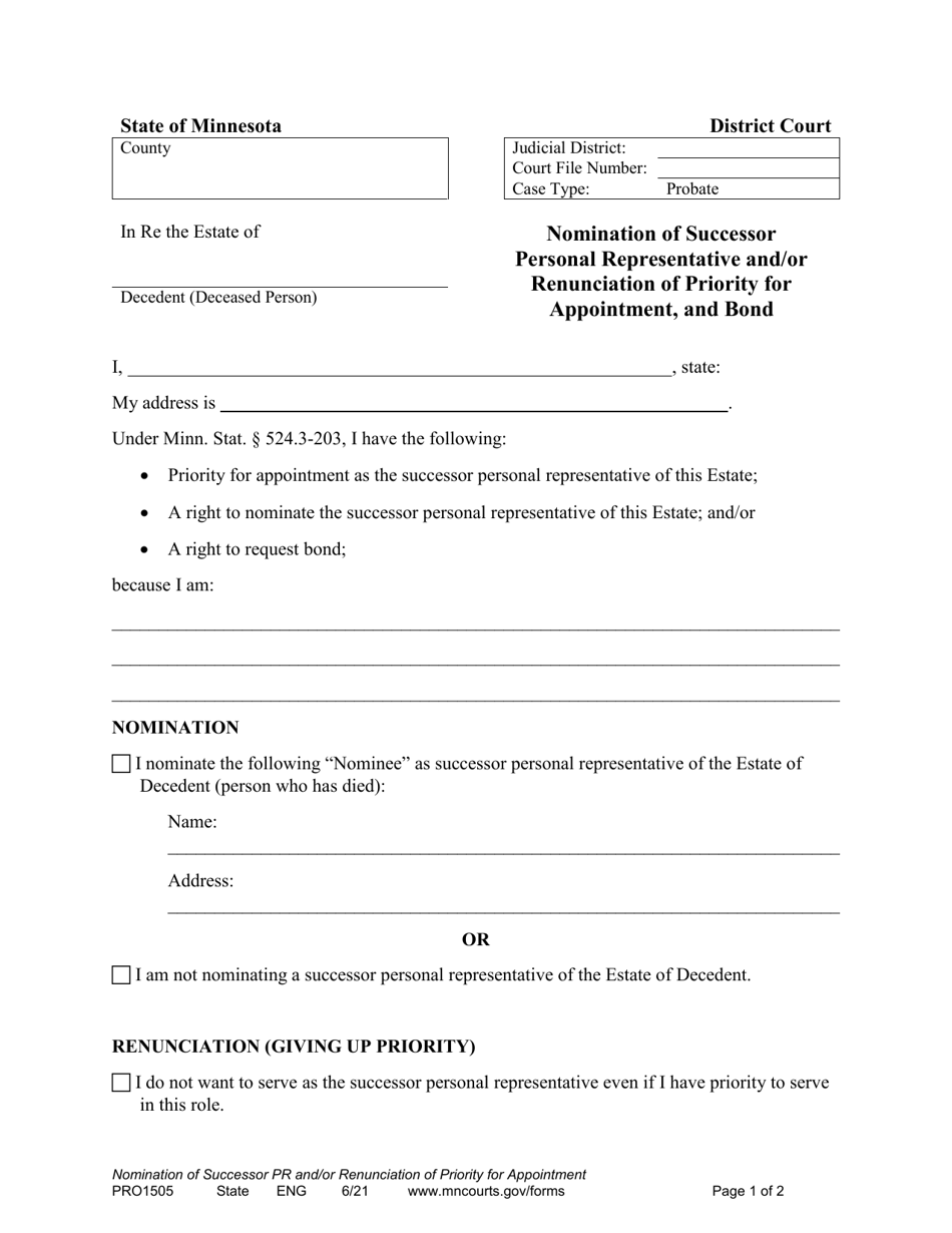 Form PRO1505 Nomination of Successor Personal Representative and / or Renunciation of Priority for Appointment, and Bond - Minnesota, Page 1