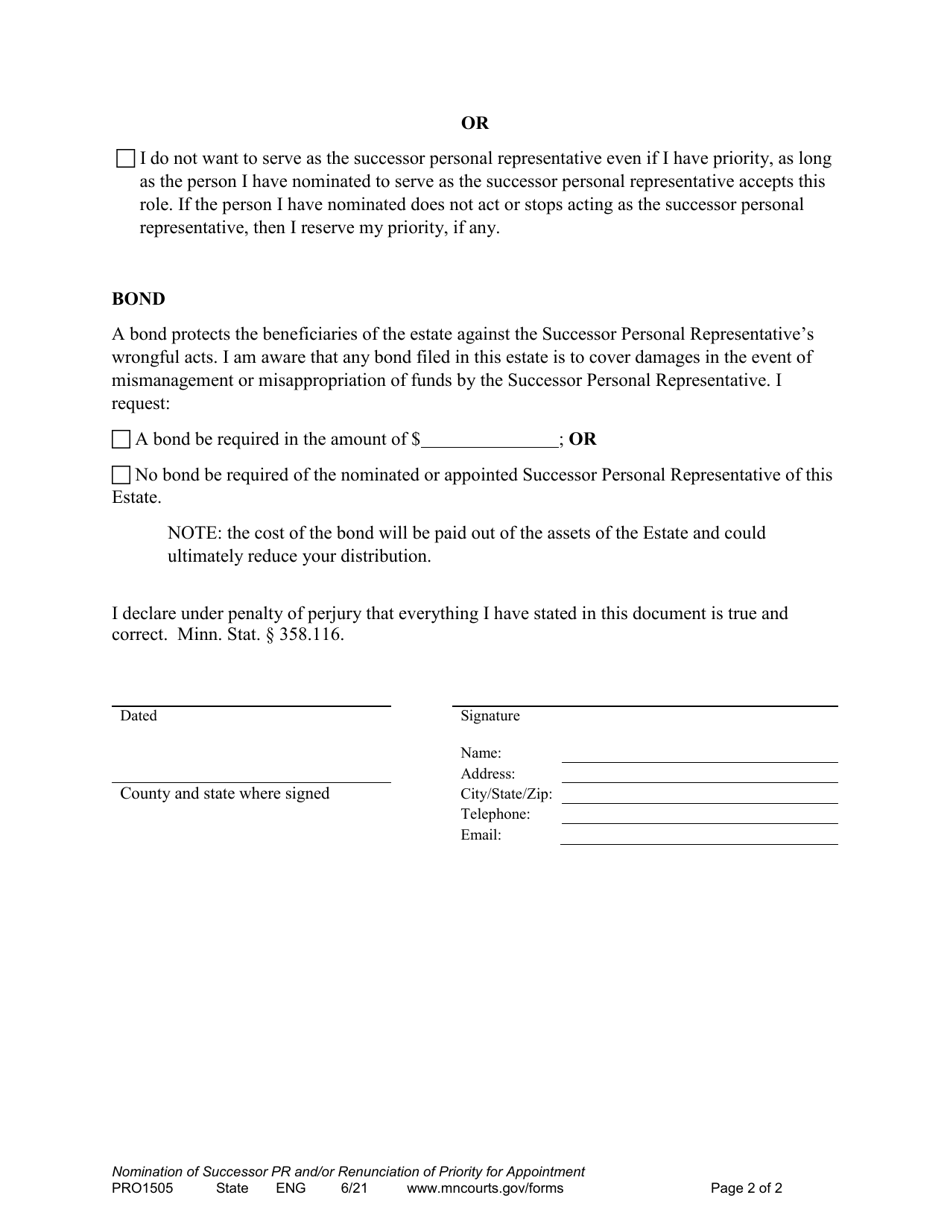 Form PRO1505 Nomination of Successor Personal Representative and / or Renunciation of Priority for Appointment, and Bond - Minnesota, Page 2