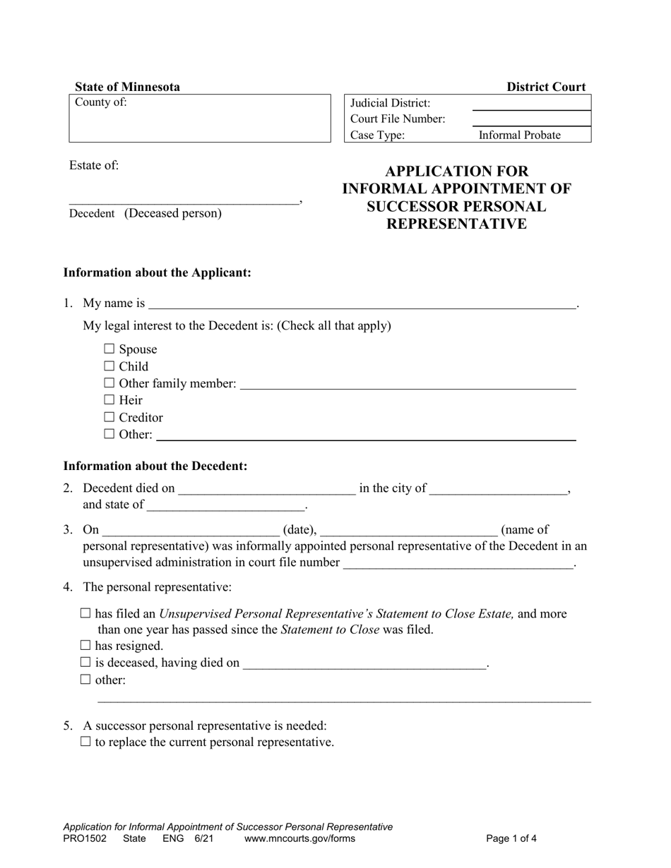 Form PRO1502 Application for Informal Appointment of Successor Personal Representative - Minnesota, Page 1
