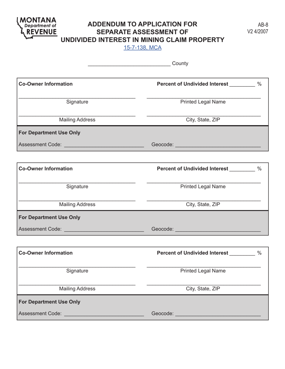 Form AB-8 Application for Separate Assessment of Undivided Interest in Mining Claim Property - Montana, Page 2