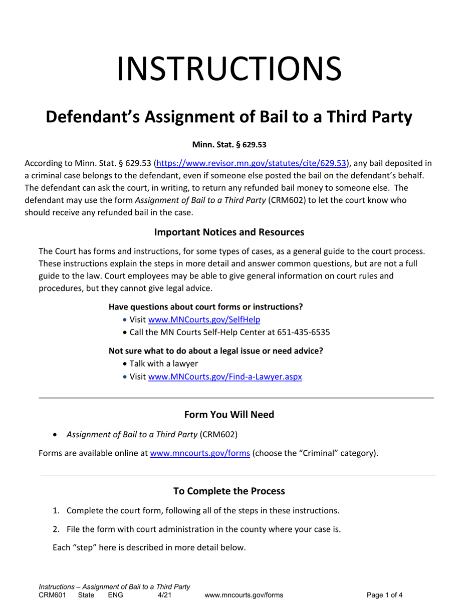 Instructions for Form CRM602 Assignment of Bail to a Third Party - Minnesota, Page 1