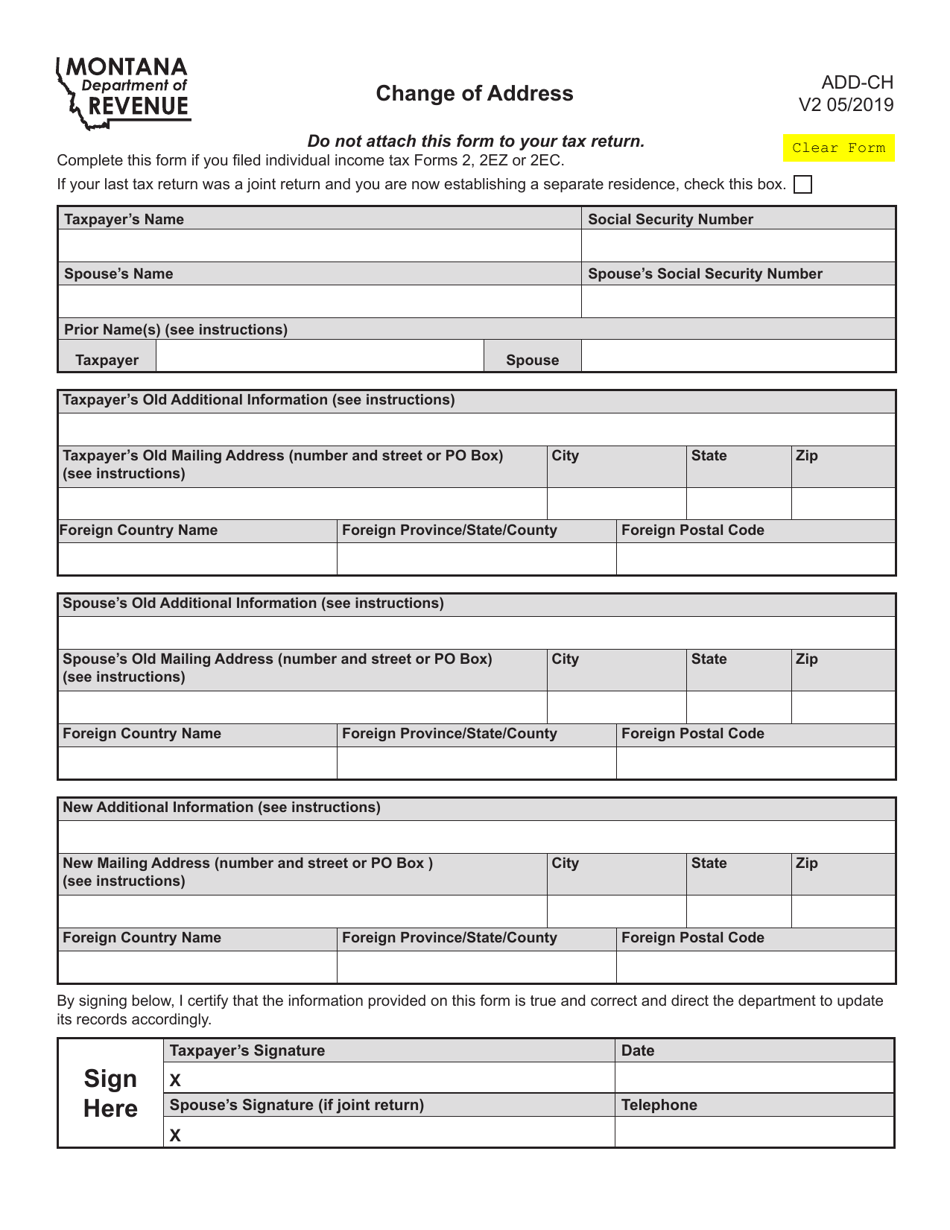 Form ADD-CH Change of Address - Montana, Page 1