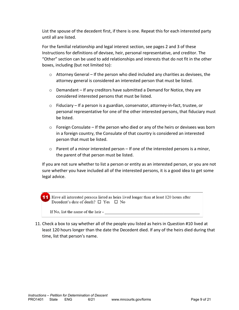Instructions for Form PRO1402 Petition for Determination of Descent - Minnesota, Page 9