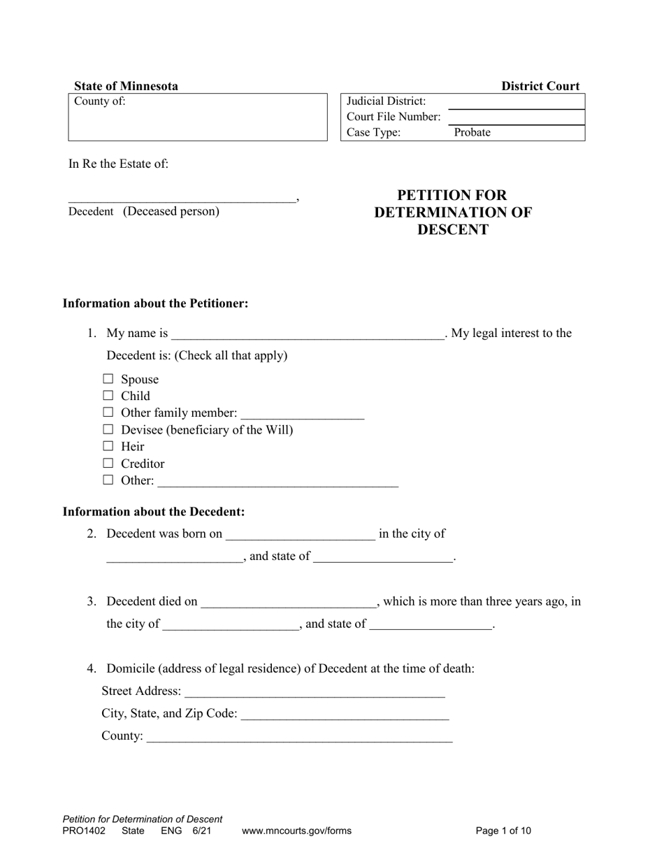 Form PRO1402 Petition for Determination of Descent - Minnesota, Page 1