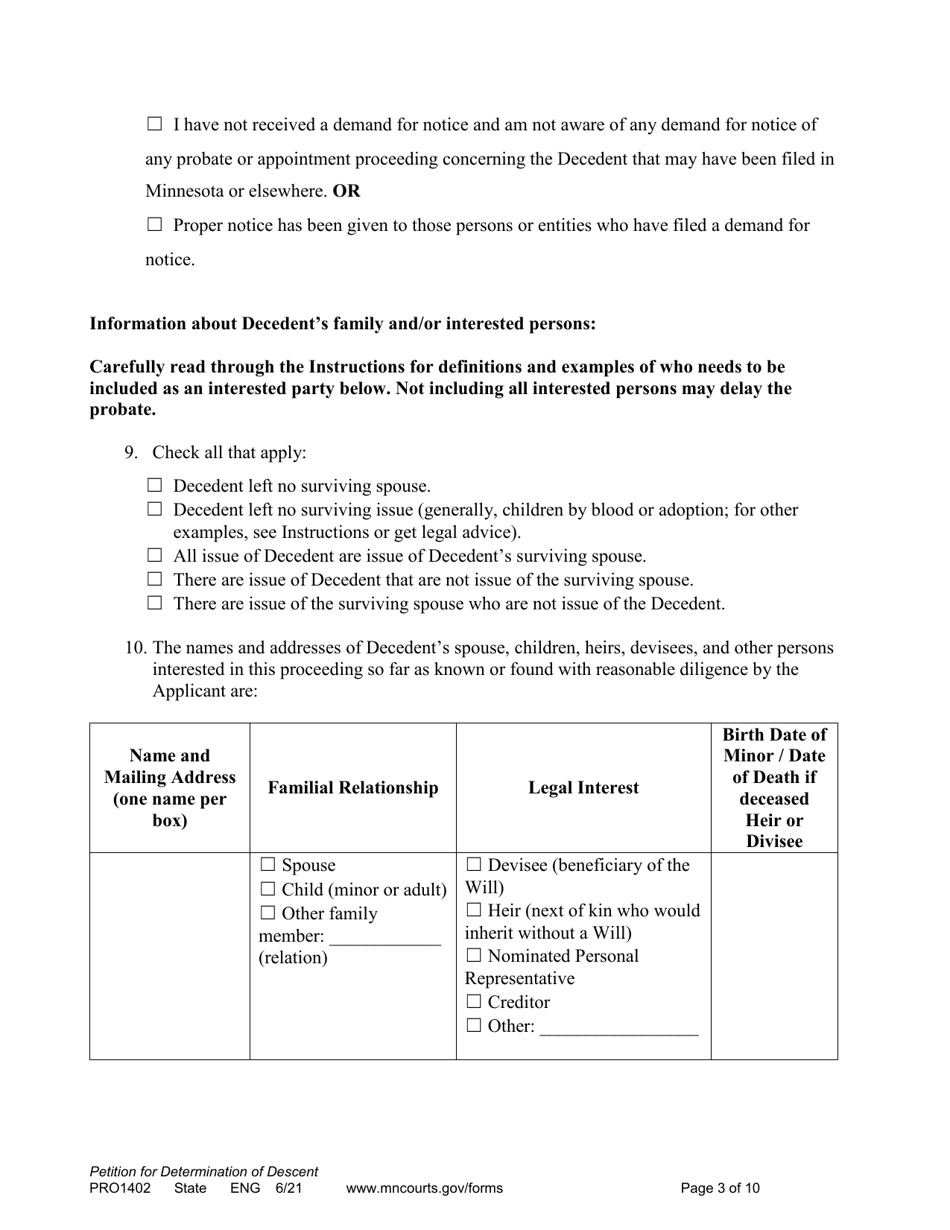 Form PRO1402 Petition for Determination of Descent - Minnesota, Page 3
