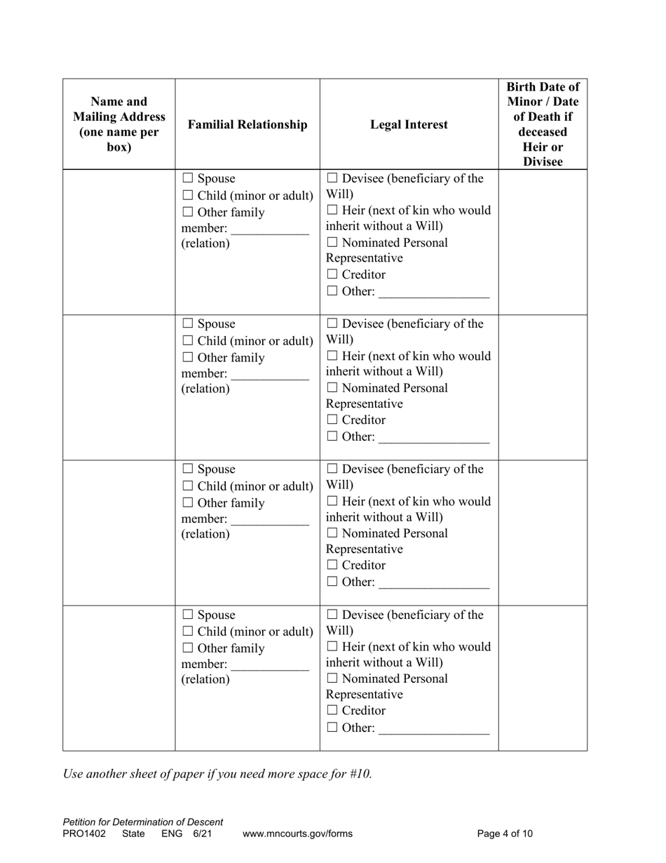 Form PRO1402 Petition for Determination of Descent - Minnesota, Page 4