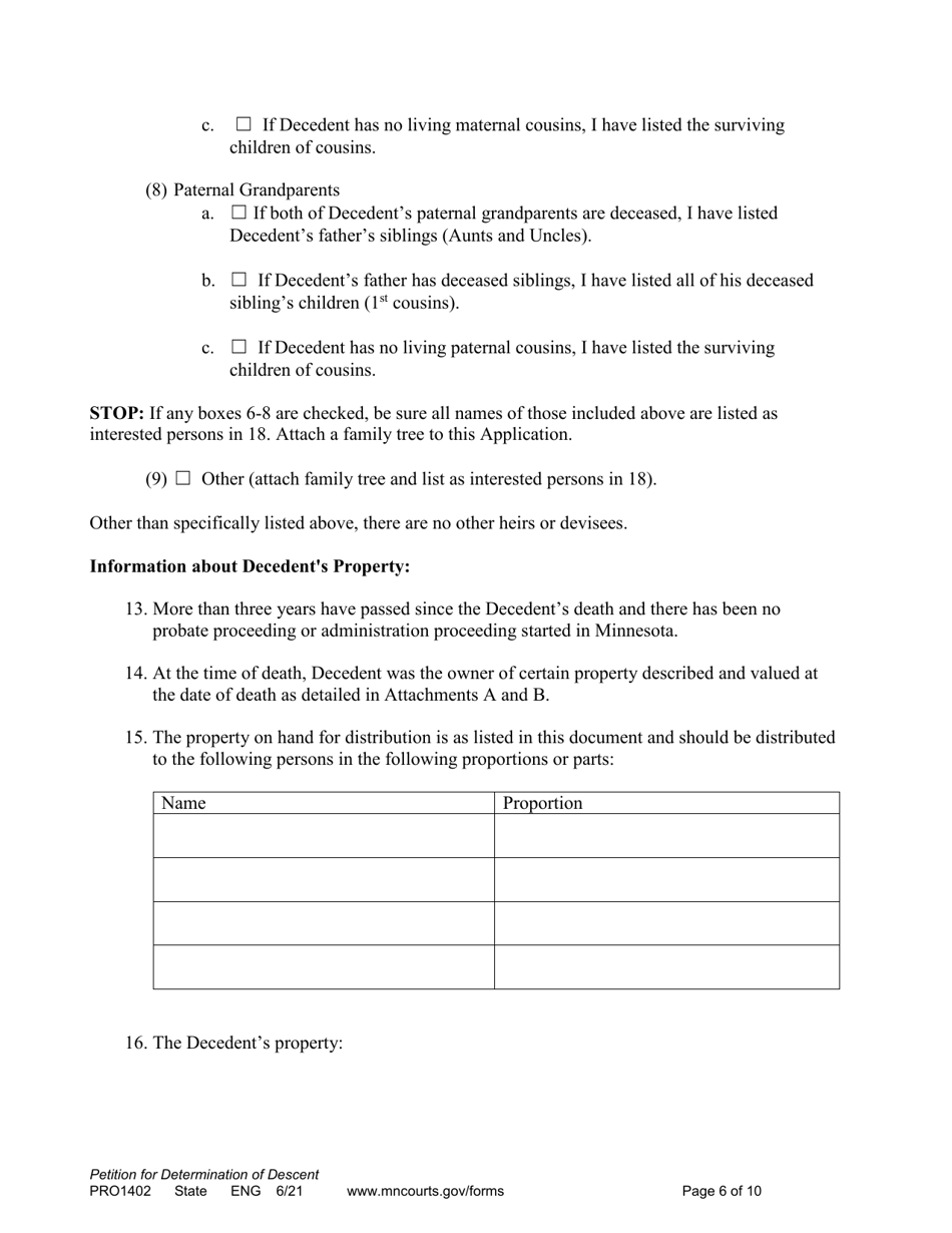 Form PRO1402 Petition for Determination of Descent - Minnesota, Page 6