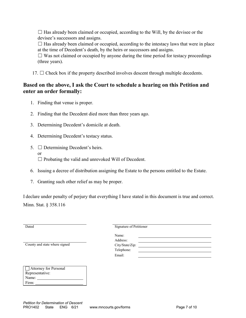 Form PRO1402 Petition for Determination of Descent - Minnesota, Page 7