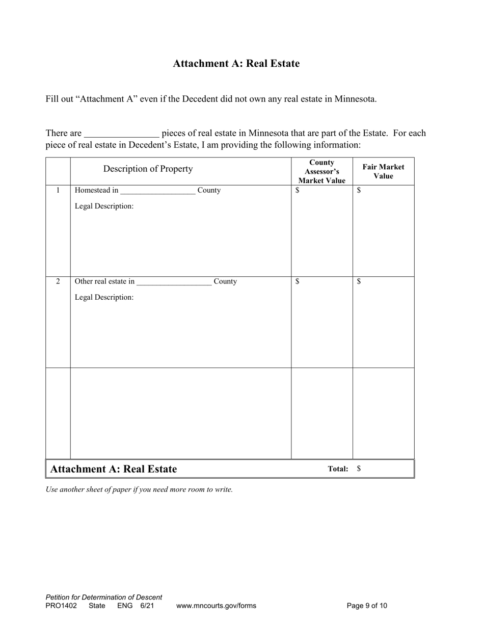 Form PRO1402 Petition for Determination of Descent - Minnesota, Page 9