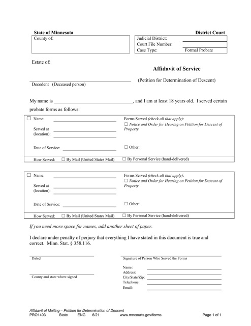 Form PRO1403 Affidavit of Service (Petition for Determination of Descent) - Minnesota