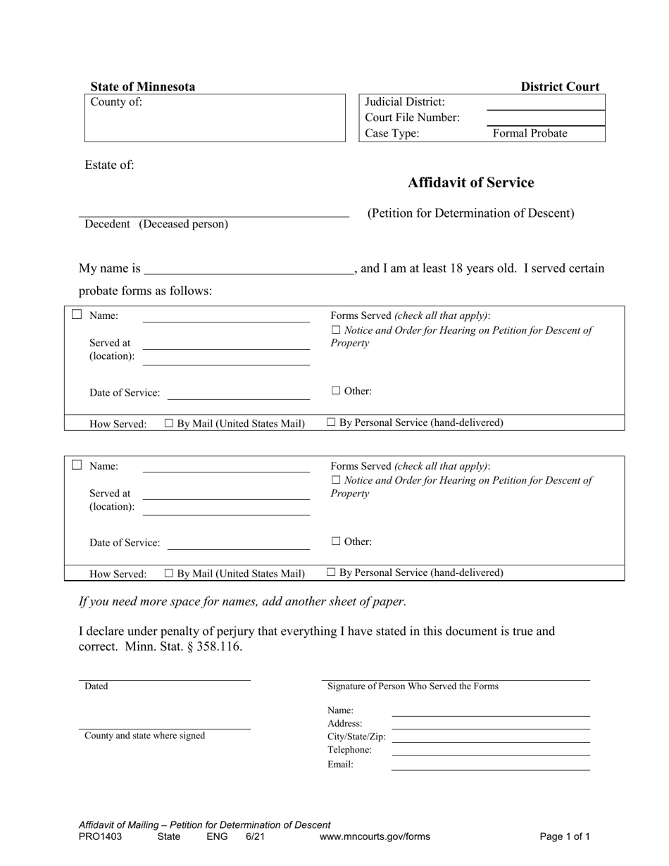 Form PRO1403 Affidavit of Service (Petition for Determination of Descent) - Minnesota, Page 1