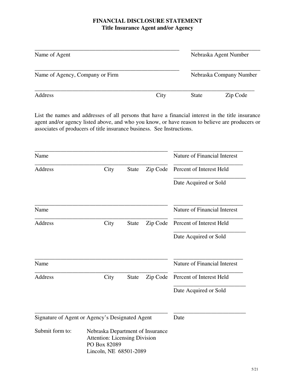 Financial Disclosure Statement - Title Insurance Agent and / or Agency - Nebraska, Page 1