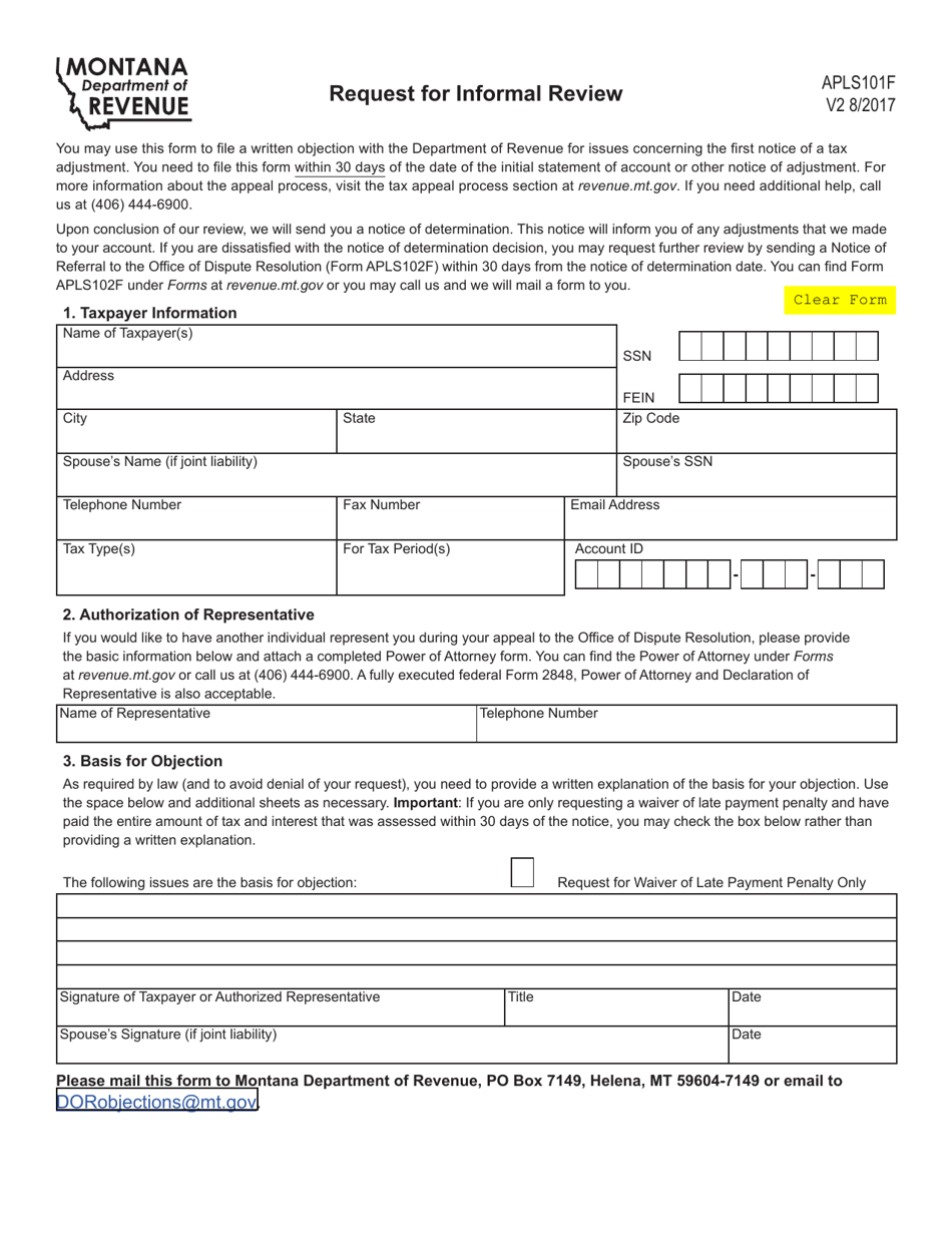 Form APLS101F Request for Informal Review - Montana, Page 1