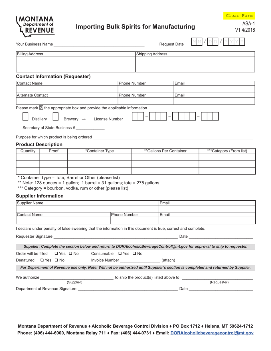 Form ASA-1 Importing Bulk Spirits for Manufacturing - Montana, Page 1