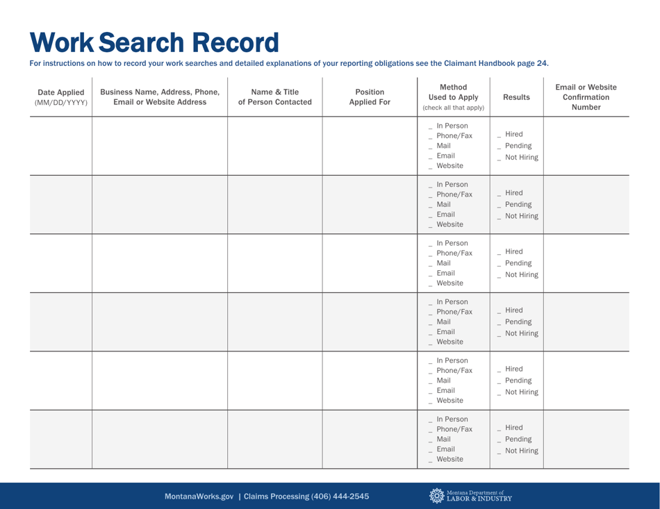 Work Search Record - Montana, Page 1
