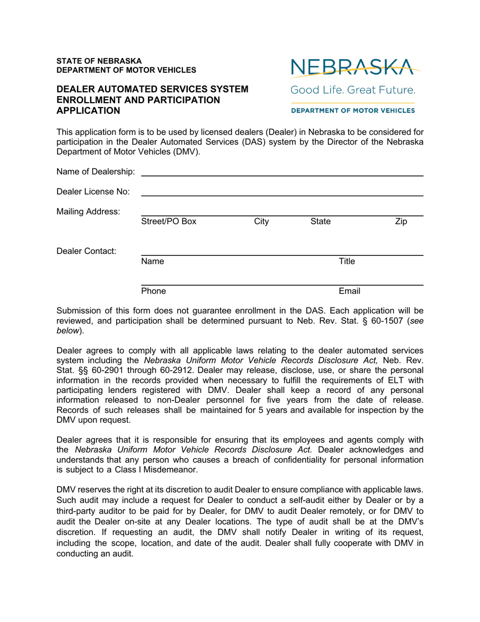 Dealer Automated Services System Enrollment and Participation Application - Nebraska, Page 1