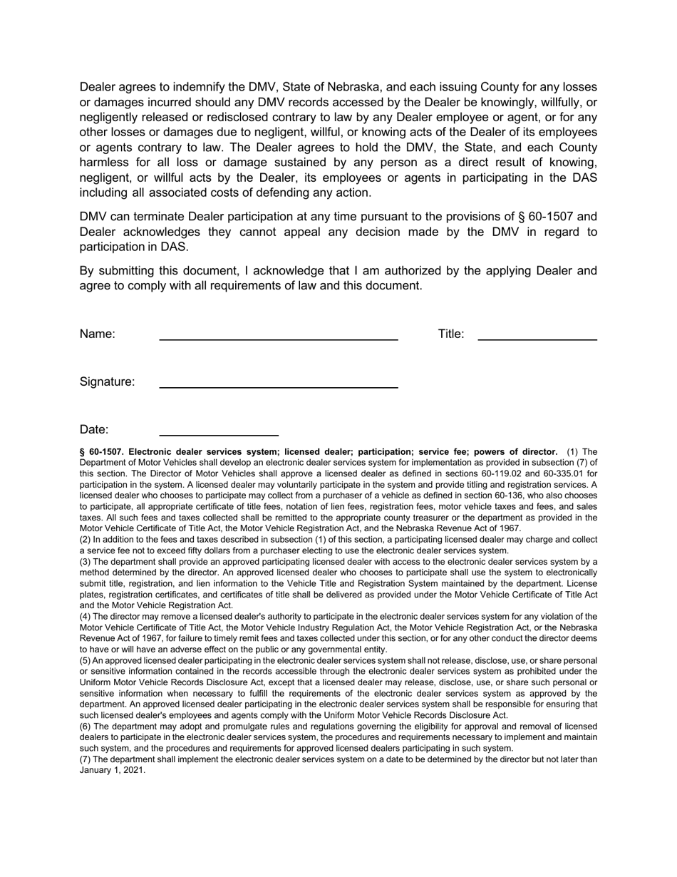 Dealer Automated Services System Enrollment and Participation Application - Nebraska, Page 2