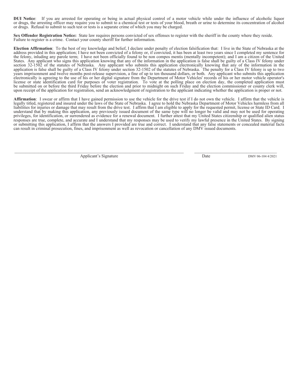 Form DMV06-104 New, Renewal and Replacements Permit, Class O (Car), Class M (Motorcycle) and State Id Card Data Form - Nebraska, Page 2