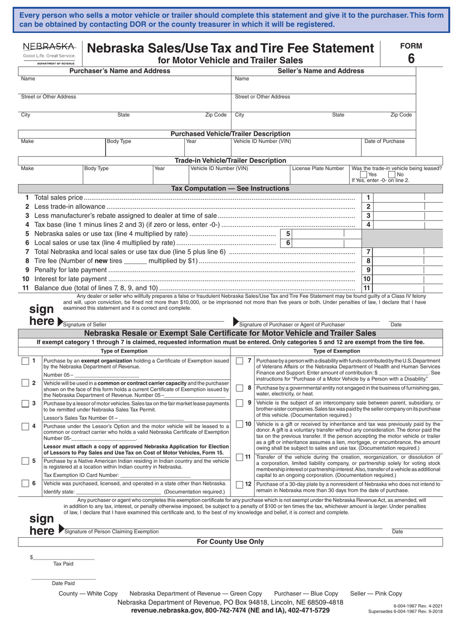 Form 6 Nebraska Sales / Use Tax and Tire Fee Statement for Motor Vehicle and Trailer Sales - Nebraska, Page 1