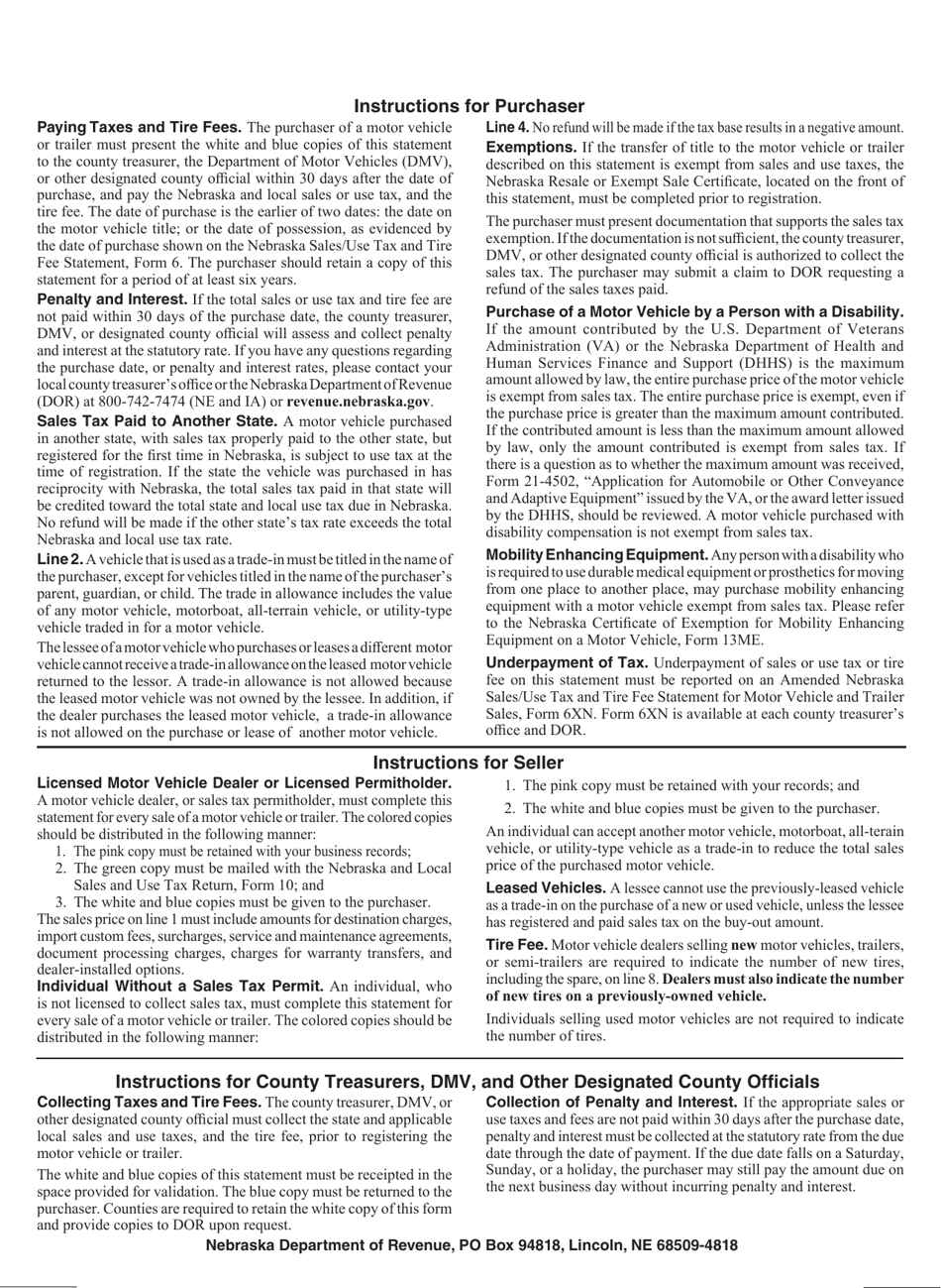 Form 6 Nebraska Sales / Use Tax and Tire Fee Statement for Motor Vehicle and Trailer Sales - Nebraska, Page 2