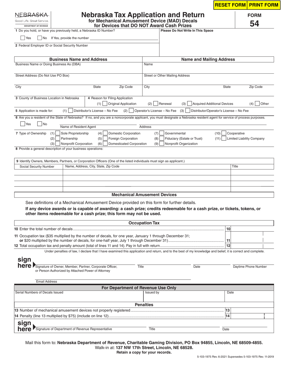 Form 54 Nebraska Tax Application and Return for Mechanical Amusement Device (Mad) Decals for Devices That Do Not Award Cash Prizes - Nebraska, Page 1