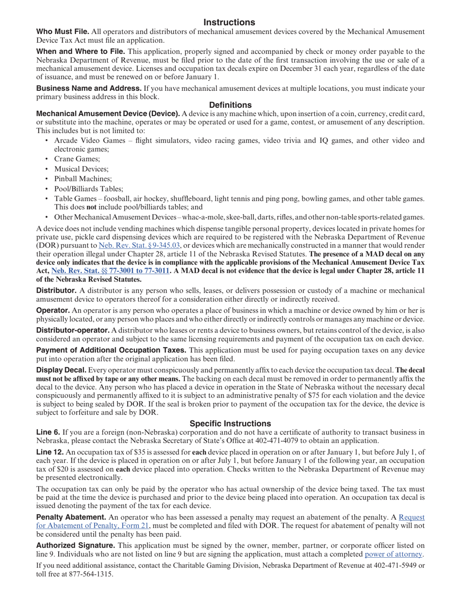 Form 54 Nebraska Tax Application and Return for Mechanical Amusement Device (Mad) Decals for Devices That Do Not Award Cash Prizes - Nebraska, Page 2