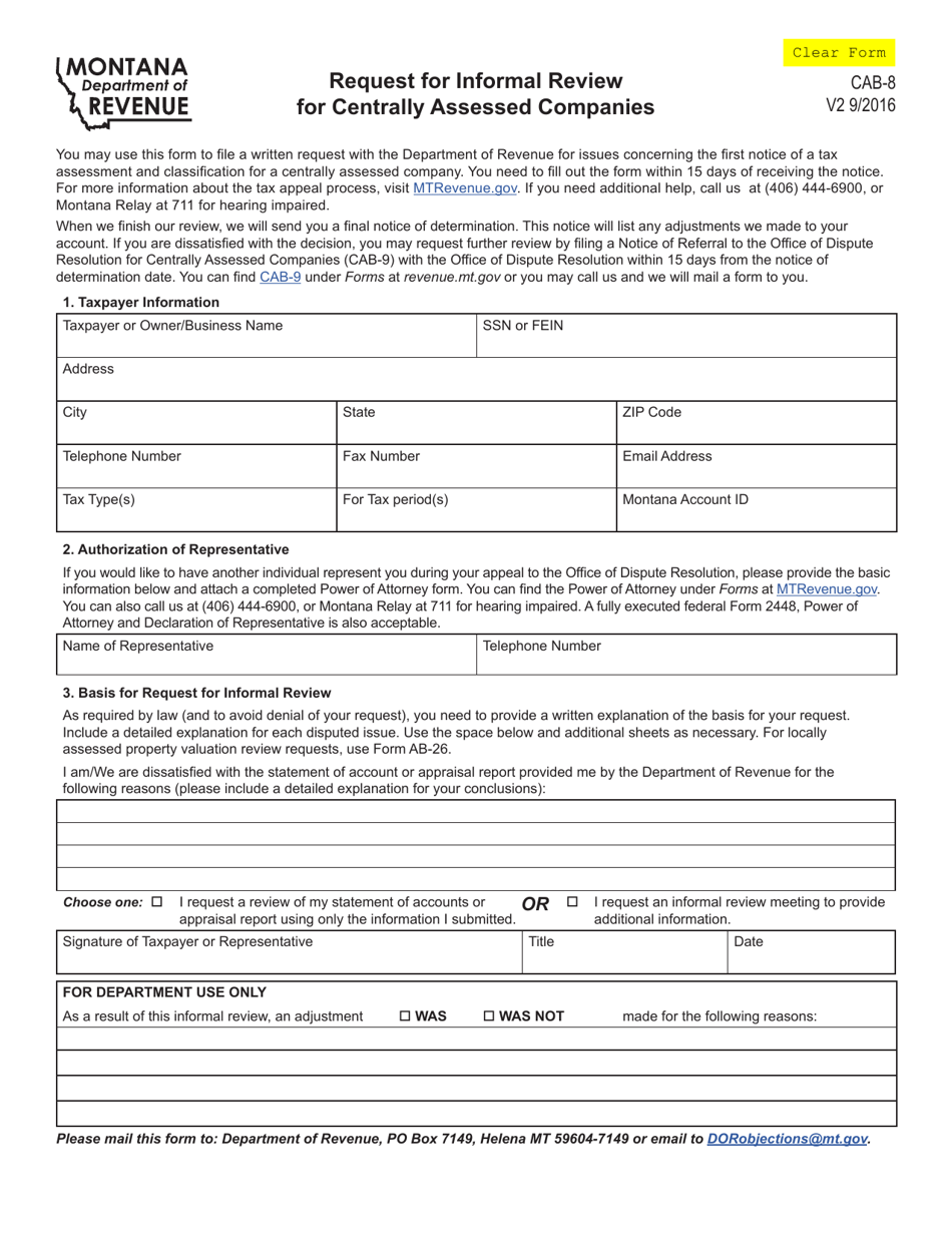 Form CAB-8 Request for Informal Review for Centrally Assessed Companies - Montana, Page 1