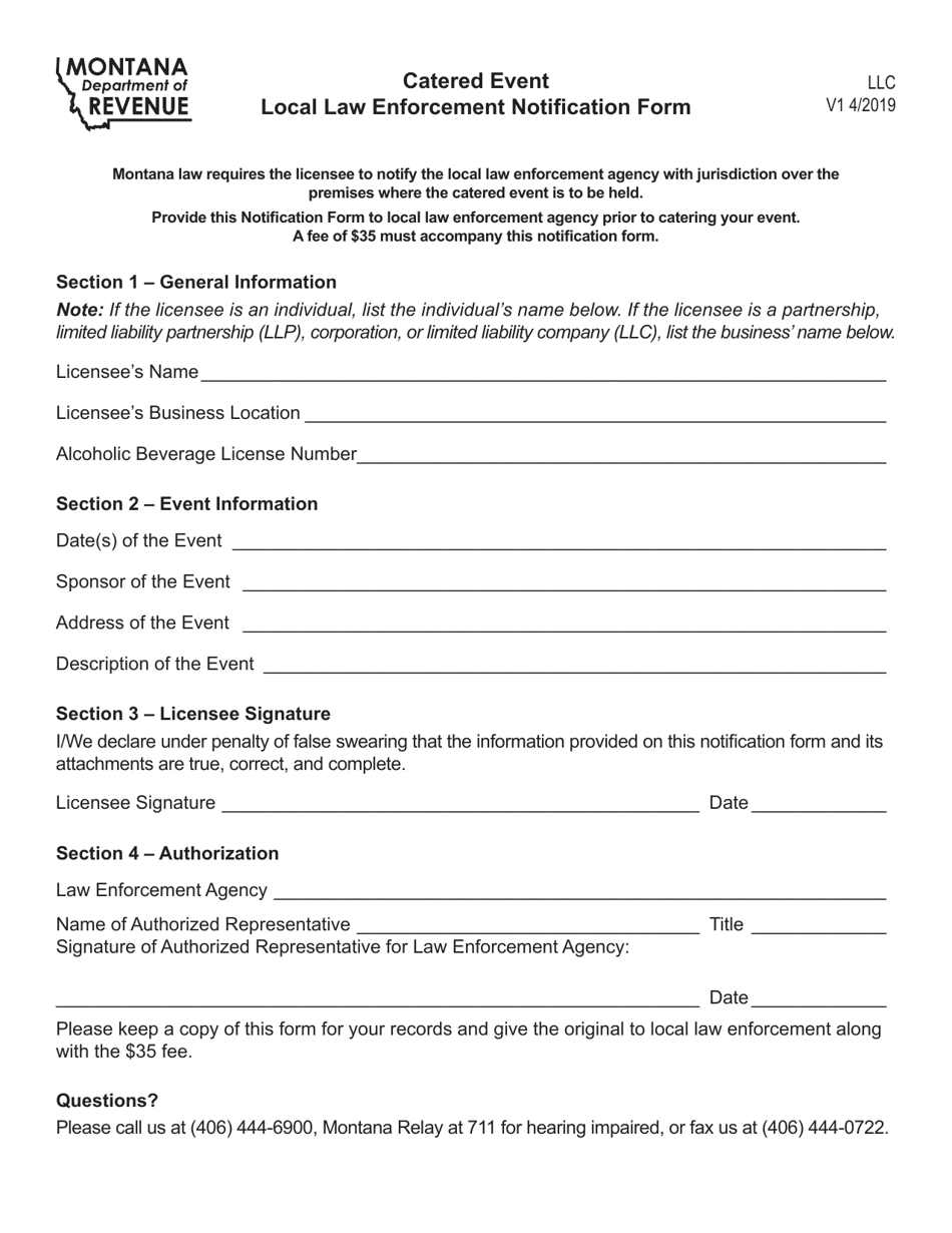 Form LLC Catered Event Local Law Enforcement Notification Form - Montana, Page 1