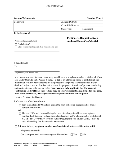 Form HAR104 Petitioner's Request to Keep Address/Phone Confidential - Minnesota