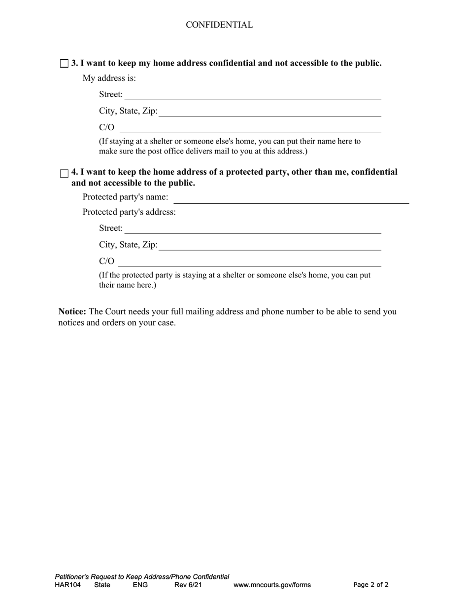 Form HAR104 Petitioners Request to Keep Address / Phone Confidential - Minnesota, Page 2