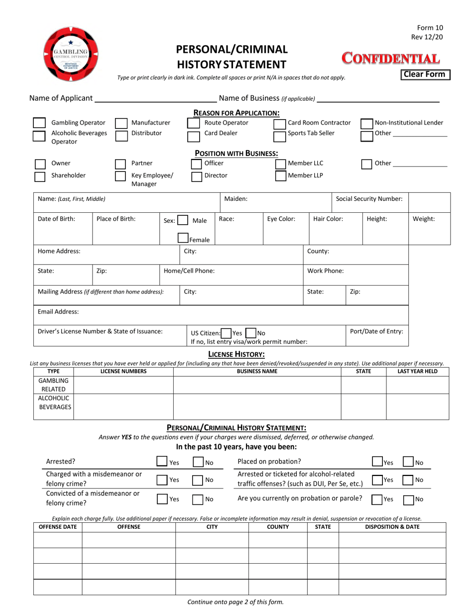 Form 10 Personal/Criminal History Statement - Montana, Page 1