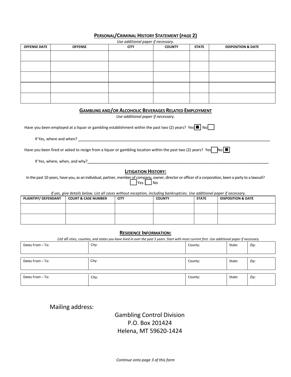 Form 10 Personal / Criminal History Statement - Montana, Page 2