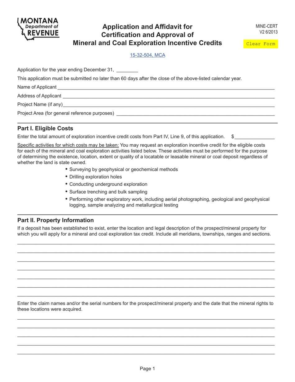 Form MINE-CERT Application and Affidavit for Certification and Approval of Mineral and Coal Exploration Incentive Credits - Montana, Page 1